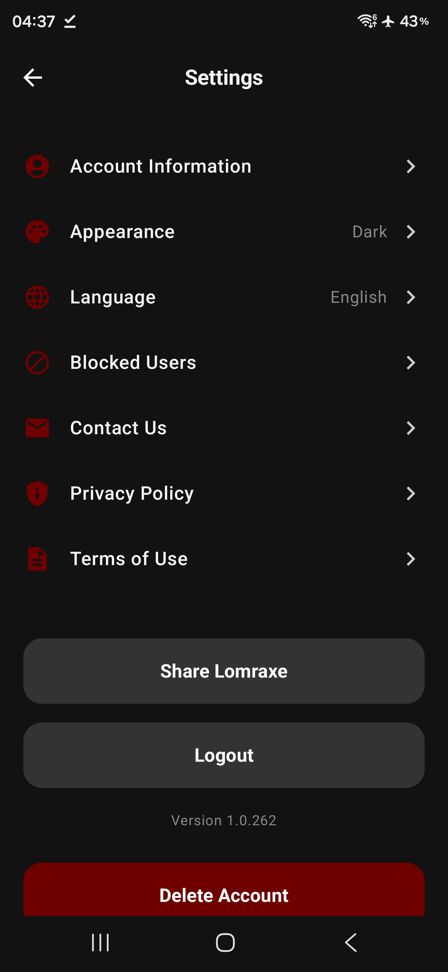 LOMRAXE app settings screen